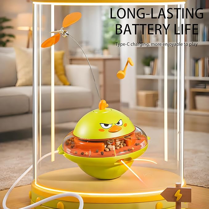 hooroor 4-in-1 Interactive Cat Toy for Indoor Cats: Automatic Laser Pointer, Feather Teaser, Treat Dispenser & Bird Chirp - USB-C Rechargeable Self-Balancing Toy to Relief Boredom & Anxiety