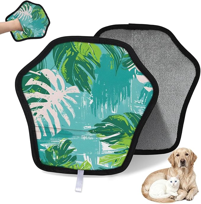 Reusable Pet Hair Removal Glove Palm Leaf Design Magic Brush for Cat & Dog Hair Remover for Car, Sofa, Bedding, Clothes - 9x9 Mitt Washable