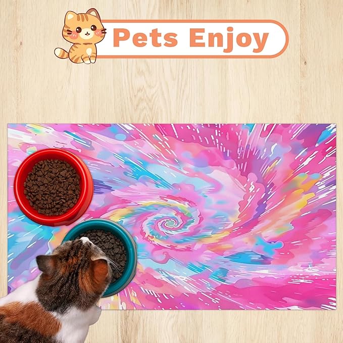 Cute Tie Dye Dog Food Mat for Floors Absorbent, Quick Dry Water Dispenser Mat for Food, Water, Pet Supplies 16" x 24", Rainbow