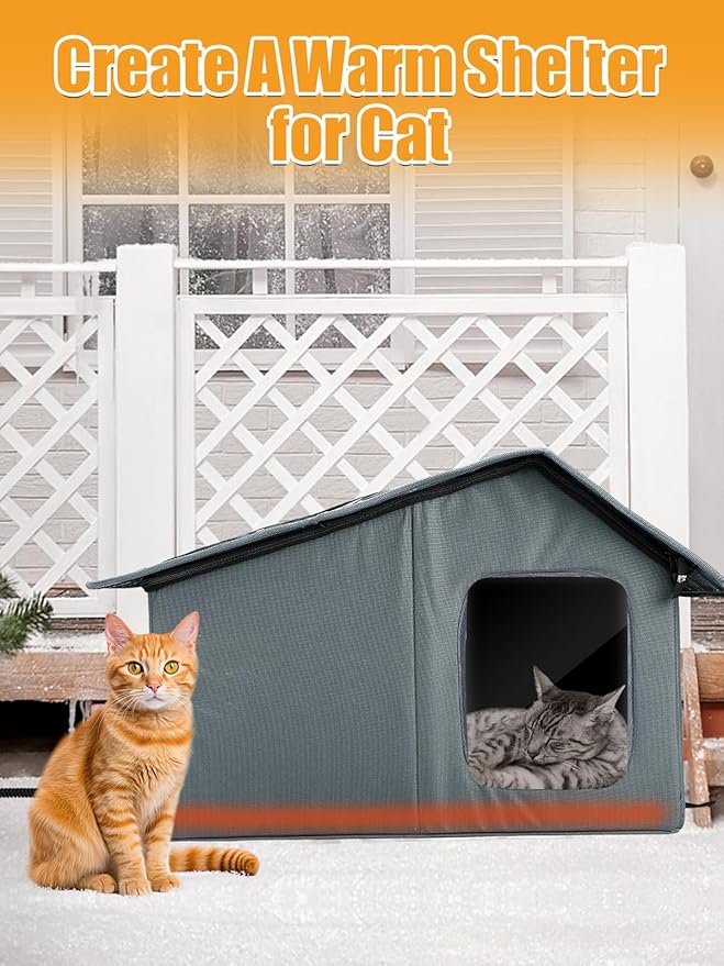 Weatherproof Heated Cat Houses for Outdoor Cats - Insulated Cat Shelter for Winter with Thermostatic Heating Pad and Escape Door, Warm Outside Pet House Gift for 1-2 Feral Cats (Medium)