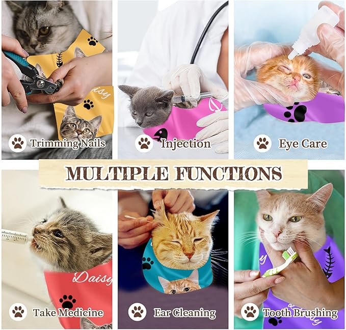 Personalized Cat Grooming Wrap for Nail Trimming, Custom Cat Swaddle with Name Photo, Self-Adhesive Cat Restraint Wrap for Teeth Brushing, Ear Cleaning, Vet Visits, Cat Lover Gift