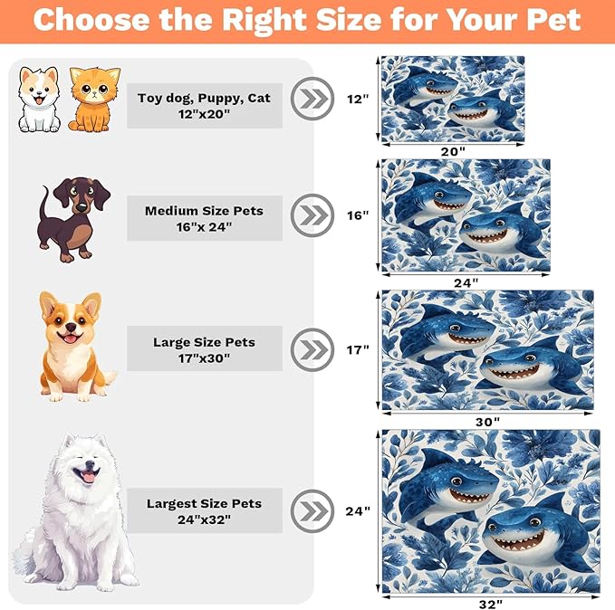 Funny Shark Dog Food Mat for Floors Absorbent Dog Bowl Mat for Food and Water Dispenser Quick Dry Cat Food Placemat Pet Supplies 16" x 24", Coastal Nautical