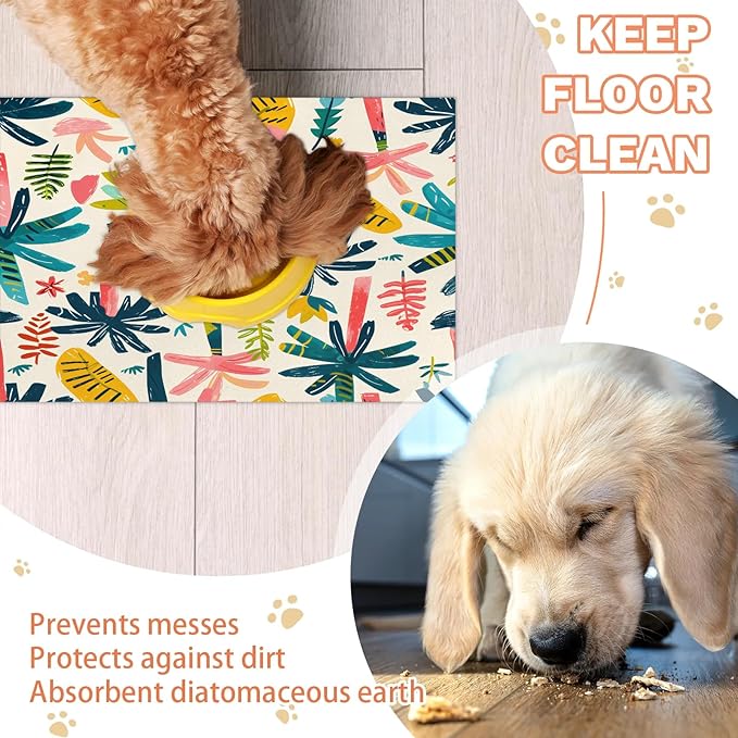Palm Tree Dog Food Mat for Floors Absorbent, Quick Dry Water Dispenser Mat for Food, Water, Pet Supplies 16" x 24", Tropical Leaf