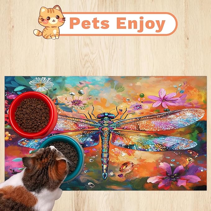 Dragonfly Dog Food Mat for Floors Absorbent, Quick Dry Water Dispenser Mat for Food, Water, Pet Supplies 17" x 30", Flower