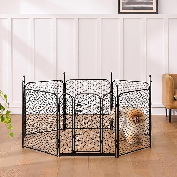 Paw Safe Playpen for Indoor Small Dogs, 24 Inch 8 Panels Anti-Pinch Diamond Mesh Dog Fence, Metal Stable Dog Play Pen with Door, Portable Pet Playpen for Outdoor RV Camping Yard Garden
