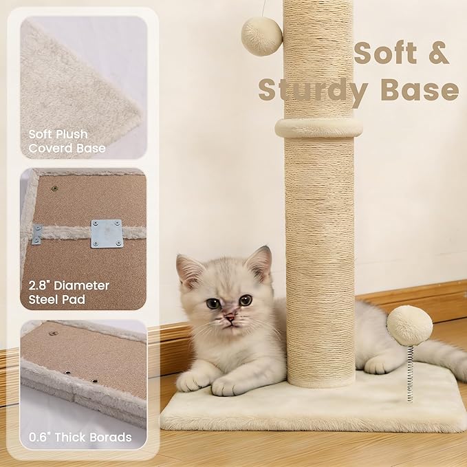 22" Small Cat Scratching Post, 3-in-1 Durable Sisal Vertical Cat Scratcher Post with Hanging Ball, Soft Fabric Stable Base Cat Scratch Pole for Kittens or Smaller Cats, Beige