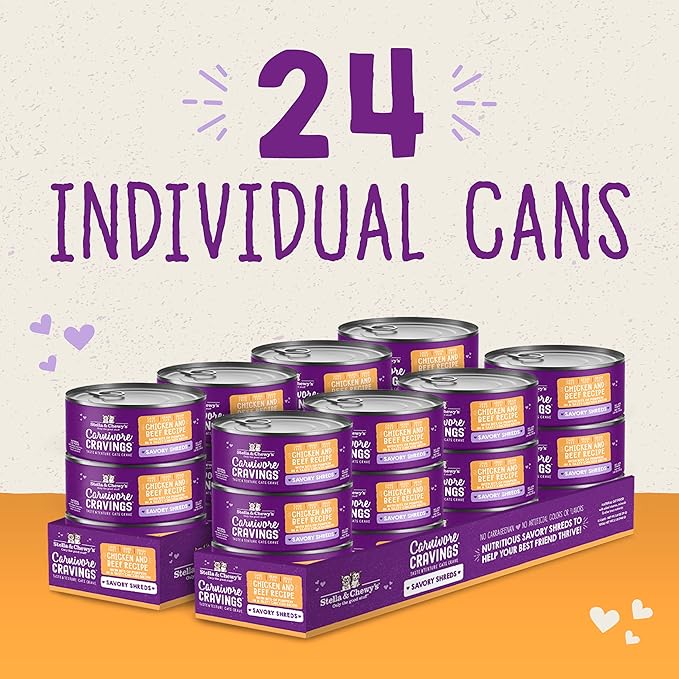 Stella & Chewy's Carnivore Cravings Savory Shreds - Wet Cat Food - High-Moisture Formula with Premium Cage-Free Chicken & Grass-Fed Beef - Perfect for Picky Eaters - 2.8 oz, 24 Count