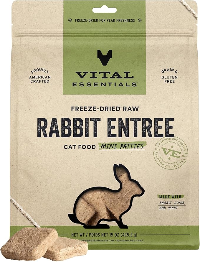 Vital Essentials Freeze Dried Cat Food, Raw Rabbit Mini Patties | Complete Meal or Topper | Easy to Portion and Rehydrate | High Protein, Grain Free Dry Cat Food | 15 oz Bag