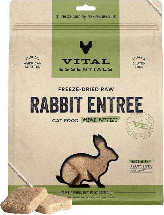 Vital Essentials Freeze Dried Cat Food, Raw Rabbit Mini Patties | Complete Meal or Topper | Easy to Portion and Rehydrate | High Protein, Grain Free Dry Cat Food | 15 oz Bag