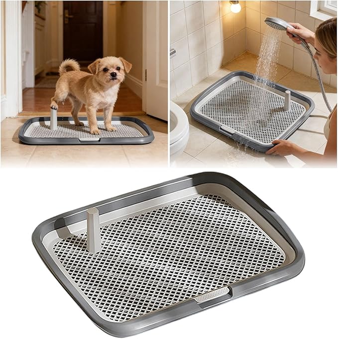 Dog Potty Tray with Guide Pillar, Indoor Pet Pee Pad Holder Duty, Removable Washable Puppy Training Toilet for Housebreaking Supplies Small Medium Dogs (Grey-S)