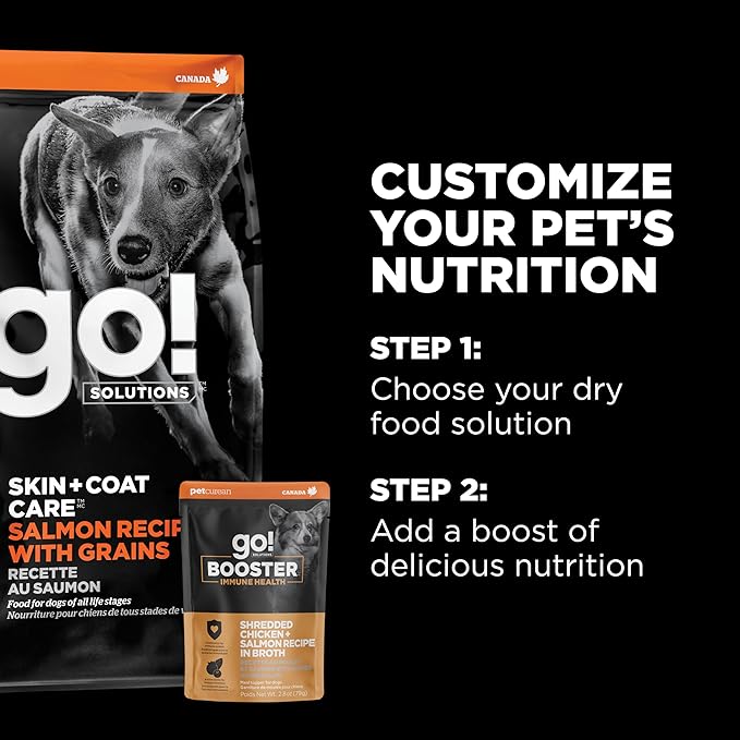 Go! Solutions Booster Immune Health Shredded Chicken + Salmon in Broth Gravy Topper for Dry Food, Real Meat Wet Dog Treat for Healthy Immunity in Puppies, Adults, & Seniors, 2.8 oz Pouch (12 Pack)