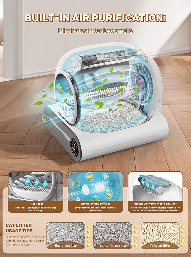 Automatic Litter Box, Upgraded Robot Self Cleaning Litter Box for Multiple Cats, 65L+9L Extra Large, Features Negative ion Sterilization and Deodorization, APP Control, 3 Rolls Litter Bag Liners