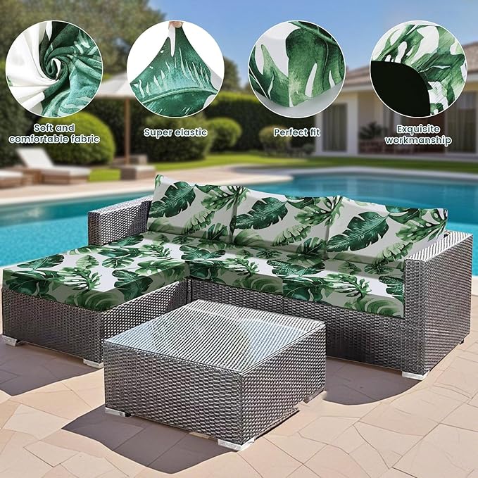 HANDONTIME 8Pcs Outdoor Patio Cushion Covers Green Leaves Stretch Couch Cushion Cover Patio Couch Slipcover for Outdoor/Indoor Washable Non-Slip Furniture Protector for Pet (Tropical Leaf,Cover Only)