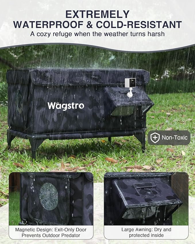Heated Cat House for Outside with Smart Pet Camera, Highly Elevated with Escape Door, Insulated Waterproof Outdoor Cat House Shelter for Feral Stray Barn Cat (Camo Black, 25.6"x16.5"x18.5")
