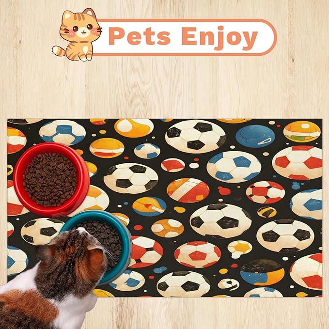 Soccer Ball Dog Food Mat for Floors Absorbent, Quick Dry Water Dispenser Mat for Food, Water, Pet Supplies 17" x 30", Colorful Football