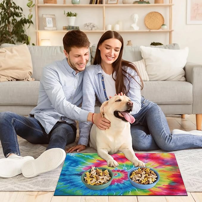Colorful Tie Dye Dog Food Mat for Floors Absorbent, Quick Dry Water Dispenser Mat for Food, Water, Pet Supplies 16" x 24", Rainbow