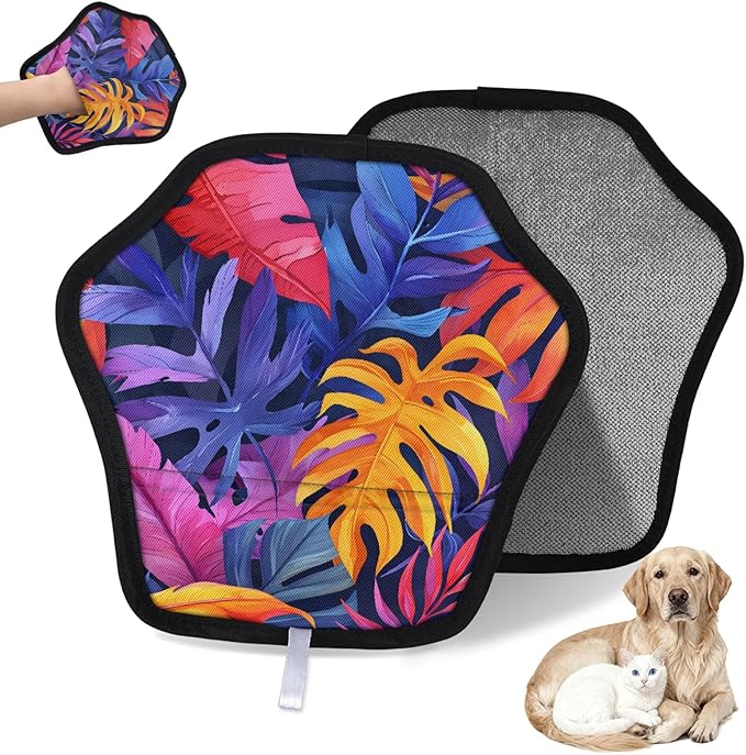 Palm Plant Print Electrostatic Pet Hair Removal Glove for Cats & Dogs - Reusable Grooming Mitt for Couch, Carpet, Car Seat & Laundry - Large 9x9 Inch