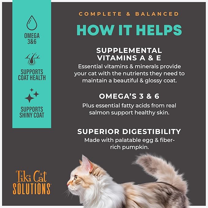 Tiki Cat Solutions Mousse Skin & Coat Mousse, Salmon Recipe, Specially Formulated with Omega Fatty Acids, Functional Wet Cat Food for Adult Cats, 2.4 oz. Pouch (12 Pack)
