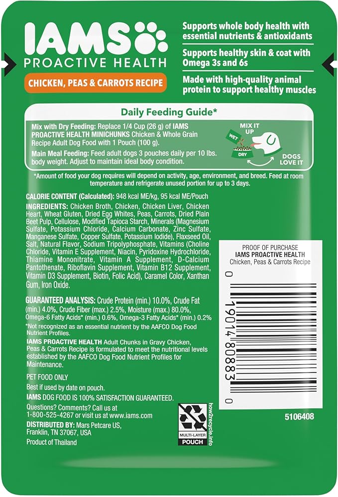 IAMS Proactive Health Adult Wet Dog Food, Chicken, Peas and Carrots Recipe, 3.5 oz. Pouch (16 Count, Pack of 1)
