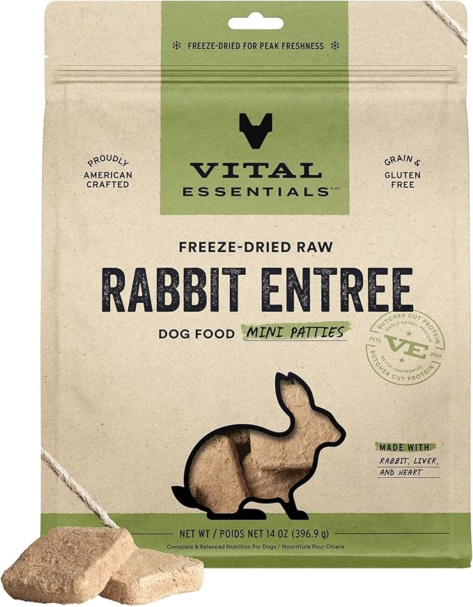 Vital Essentials Freeze Dried Dog Food, Raw Rabbit Mini Patties | Complete Meal or Topper | High Protein, Grain Free Dry Dog Food | 14 oz Bag