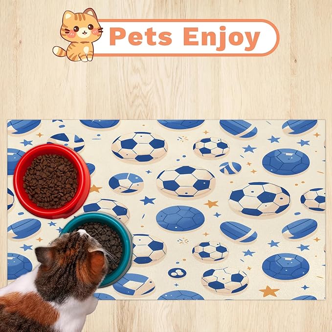 Soccer Dog Food Mat for Floors Absorbent, Quick Dry Water Dispenser Mat for Food, Water, Pet Supplies 17" x 30", Football Ball