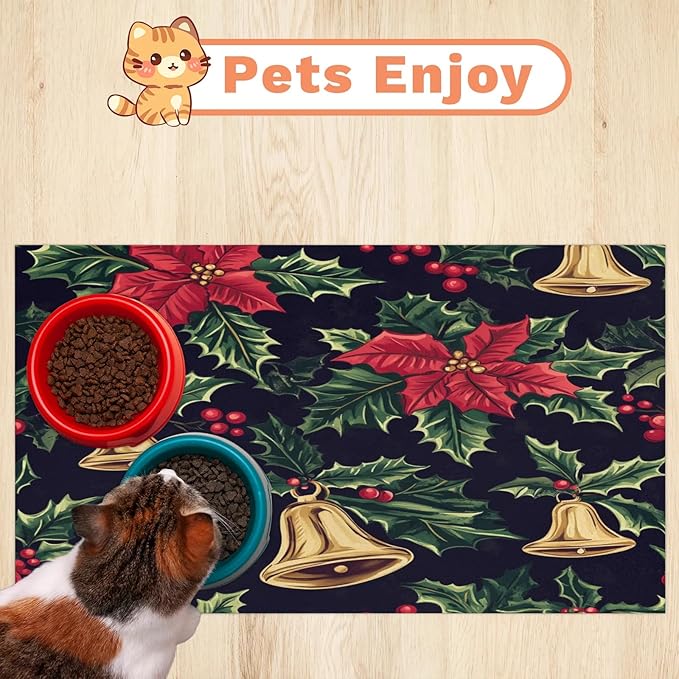 Red Poinsettia Dog Food Mat for Floors Absorbent, Quick Dry Water Dispenser Mat for Food, Water, Pet Supplies 24" x 32", Xmas Bells
