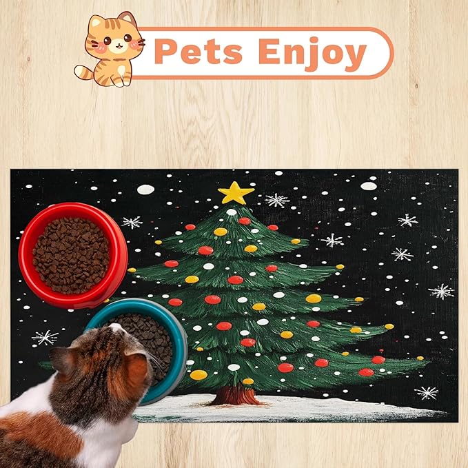 Christmas Tree Dog Food Mat for Floors Absorbent, Quick Dry Water Dispenser Mat for Food, Water, Pet Supplies 24" x 32", Xmas Pine Tree