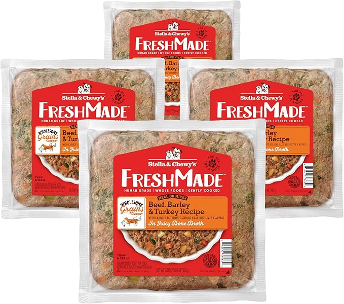 Stella & Chewy's FreshMade Frozen Fresh High-Protein Beef, Barley & Turkey Dog Food, 16-oz Pouch (Pack of 4)