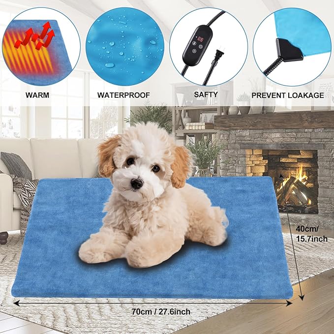 Pet Heating Pad for Dogs, Indoor Outdoor Heated Cat Bed Waterproof Electric Heated Pad Mat for Cats with Chew Resistant Cord,5 Timer and 6 Level Temperature Pet Bed Warming Pad-15.7x27.5