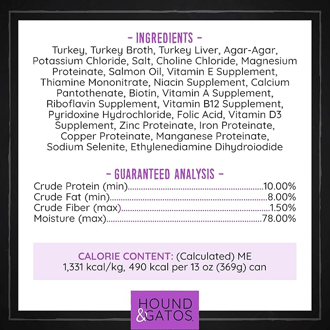 Hound & Gatos Wet Dog Food, 98% Turkey & Liver, case of 12, 13 oz cans
