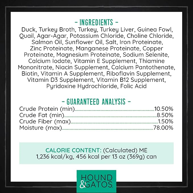 Hound & Gatos Wet Dog Food, 98% Gamebird Poultry, case of 12, 13 oz cans