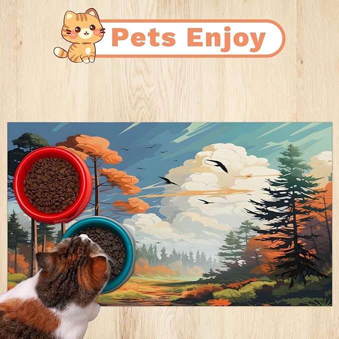 Autumn Forest Dog Food Mat for Floors Absorbent, Quick Dry Water Dispenser Mat for Food, Water, Pet Supplies 17" x 30", Thanksgiving Harvest