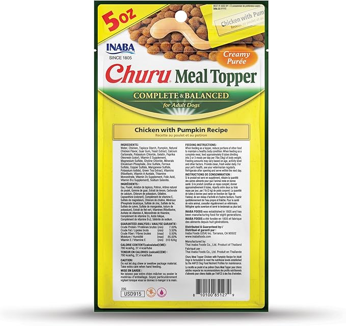 INABA Churu Meal Topper for Dogs, Complete & Balanced, Creamy, Lickable Purée Dog Food Toppers, 1.69 Ounce Tube, 18 Tubes (3 per Pack), Chicken with Pumpkin Recipe