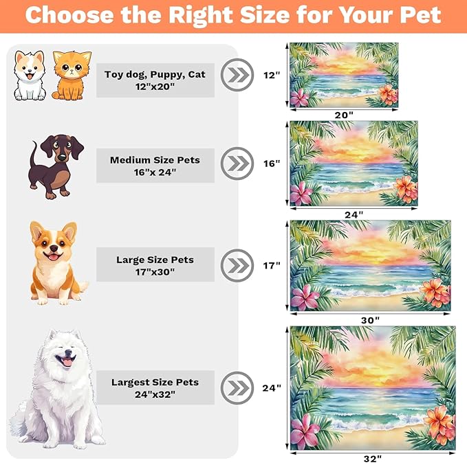 Tropical Flower Dog Food Mat for Floors Absorbent, Quick Dry Water Dispenser Mat for Food, Water, Pet Supplies 24" x 32", Summer Hawaii