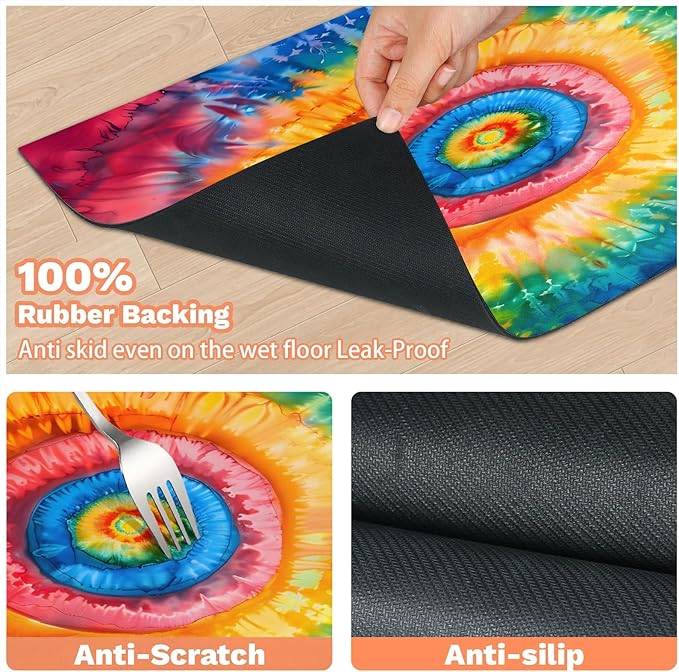 Tie Dye Dog Food Mat for Floors Absorbent, Quick Dry Water Dispenser Mat for Food, Water, Pet Supplies 17" x 30", Colorful Rainbow