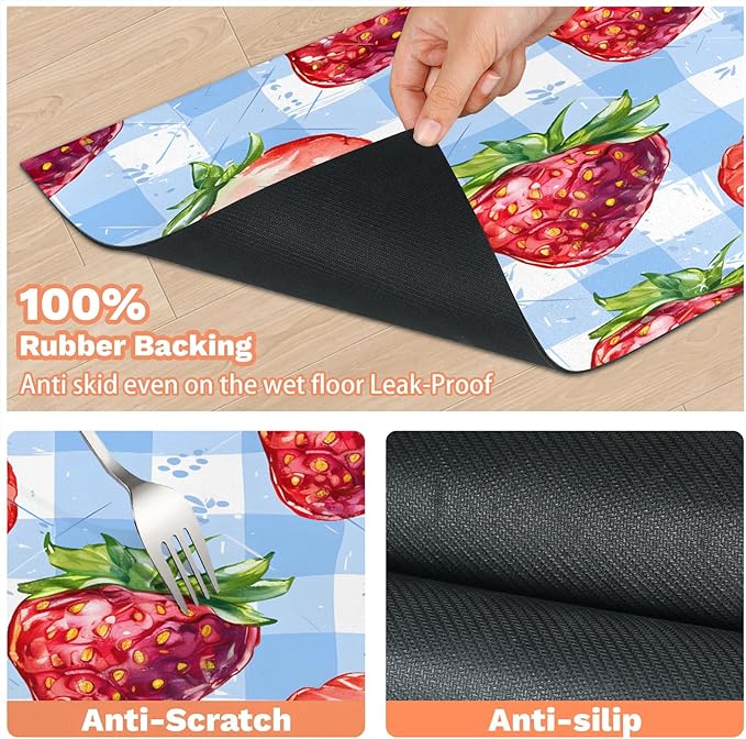 Strawberry Fruit Dog Food Mat for Floors Absorbent Dog Bowl Mat for Food and Water Dispenser Quick Dry Cat Food Placemat Pet Supplies 12" x 20", Buffalo Check