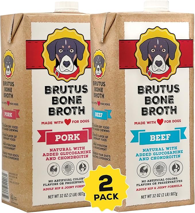 Brutus Broth for Dogs - All Natural Bone Broth for Dogs with Chondroitin Glucosamine Turmeric -Human Grade Dog Food Toppers - Beef and Pork Bundle