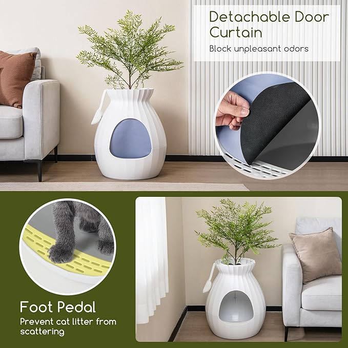 Tangkula Plant Litter Box, Hidden Cat Litter Box Enclosure Furniture with Smart Odor Control System, Artificial Plant, Large Planter Litter Box with Door Curtain, Pebbles, Scoop for Cats, Kitty