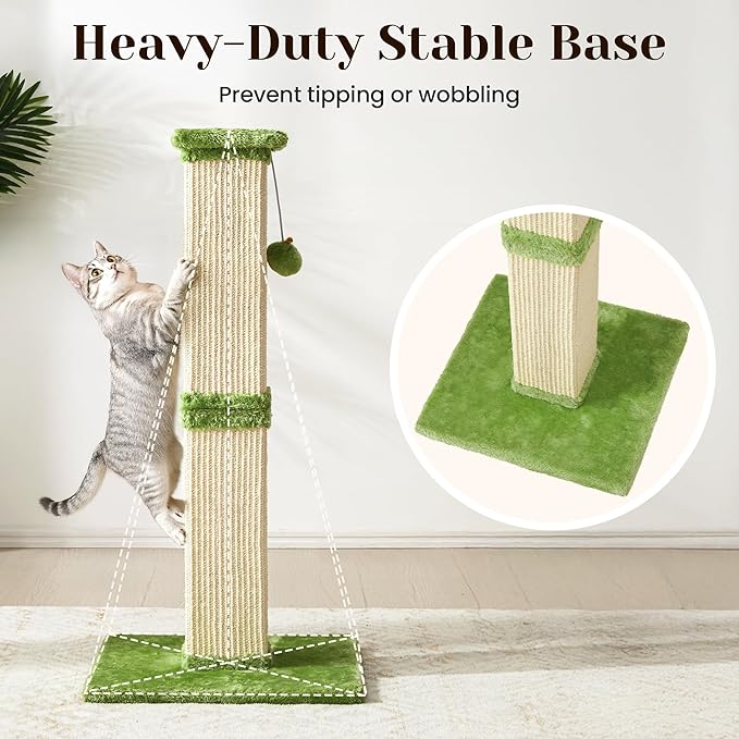 Tall Cat Scratching Post, 32'' Heavy Duty and Thick Scratching Post, Scratching Post for Adult Cats, Thick Sisal Rope with Hanging Ball, Green