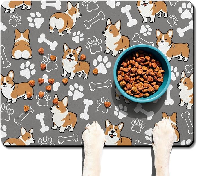 Absorbent Dog Food Mat for Floors, Non-Slip Pet Feeding Mat for Food and Water, Quick Dry Cat Bowl Placemat with Cute Corgi Pattern, No Stains Puppy Water Mat, Pet Supplies (Grey, 24" x 32")