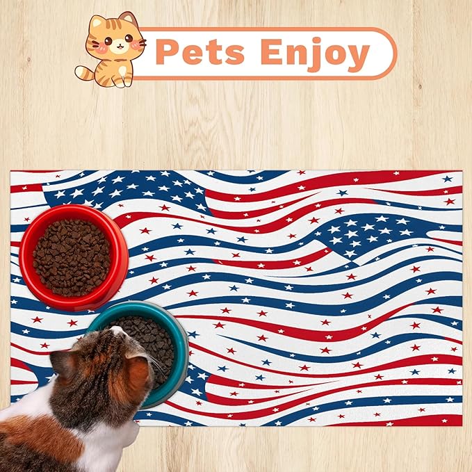 4th of July Dog Food Mat for Floors Absorbent Dog Bowl Mat for Food and Water Dispenser Quick Dry Cat Food Placemat Pet Supplies 16" x 24", American Stars