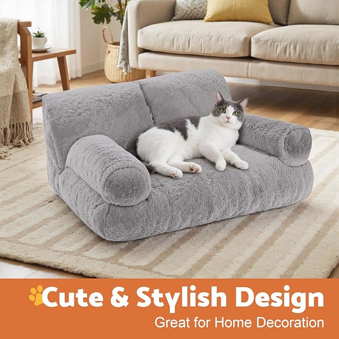 Gimars Upgrade Large Cat Bed for Indoor Cats -Added 10% More Stuff Sponge, Orthopedic Pet Couch Beds with Bolstered Edges, Fluffy Washable & Removable Cover, Anti Slip Base, Grey