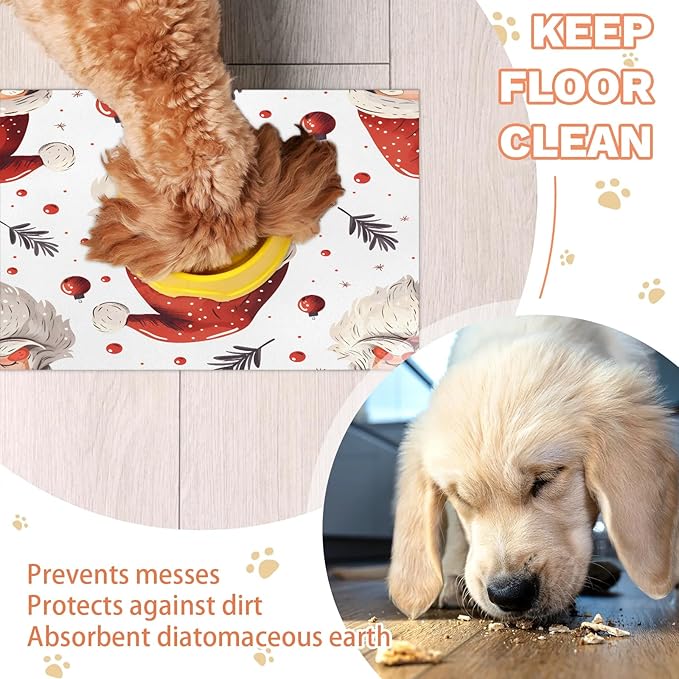 Santa Claus Dog Food Mat for Floors Absorbent, Quick Dry Water Dispenser Mat for Food, Water, Pet Supplies 24" x 32", Christmas Ball