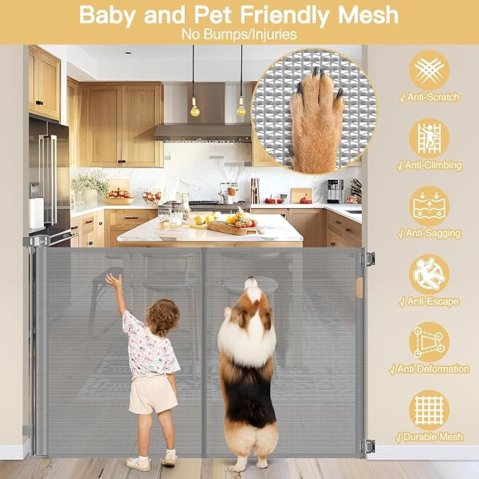 Reinforced 42" Extra Tall Baby Gate 55" Wide Retractable Dog Gate with Support Rods - Bottom Anti-Escape, Extra Tall Pet Gate Indoor Stair Gate Retractable Gates for Dogs Outdoor Gates for Decks, Gray