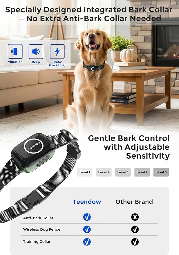 Teendow T800 Pro Wireless Dog Fence for 2 Dogs, Dog Shock Collar with Remote Control, Electric Fence for Dogs Rechargeable & Waterproof, Perimeter Pet Collar with Training & Bark Control, HD Display