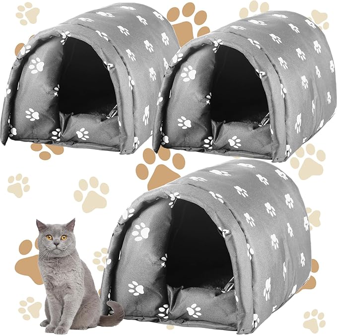 3 Pcs Cat Houses for Outdoor Cats Winter Weatherproof Insulated Stray Feral Cat Dog House Outdoor Pet Shelter Waterproof Pet Cave Wild Animal (Paw Prints,16.5 x 12 x 11 Inches)