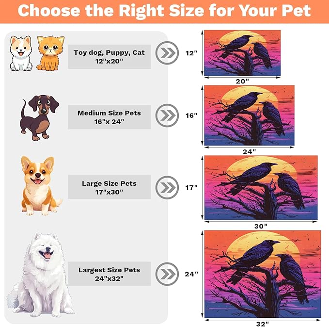 Halloween Crow Dog Food Mat for Floors Absorbent, Quick Dry Water Dispenser Mat for Food, Water, Pet Supplies 12" x 20", Full Moon