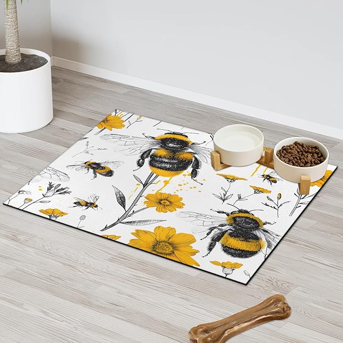 Boho Bee Dog Food Mat for Floors Absorbent, Quick Dry Water Dispenser Mat for Food, Water, Pet Supplies 24" x 32", Yellow Flower