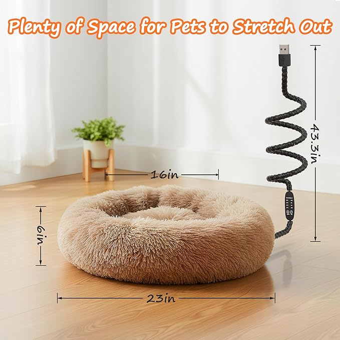 Heated Cat Bed for Indoor Cats, 23-inch Cozy Donut with USB Power, Adjustable Temperature & Timer, Machine Washable Cover for Small & Medium Cats (Camel)