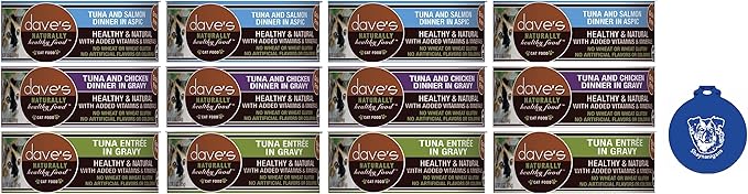 Dave's Pet Food Grain Free Cat Food Variety Bundle: (4) Tuna & Salmon in Aspic, (4) Tuna in Gravy and (4) Tuna & Chicken in Gravy (12 Cans Total, 2.8 Ounces Each) Plus Silicone Lid